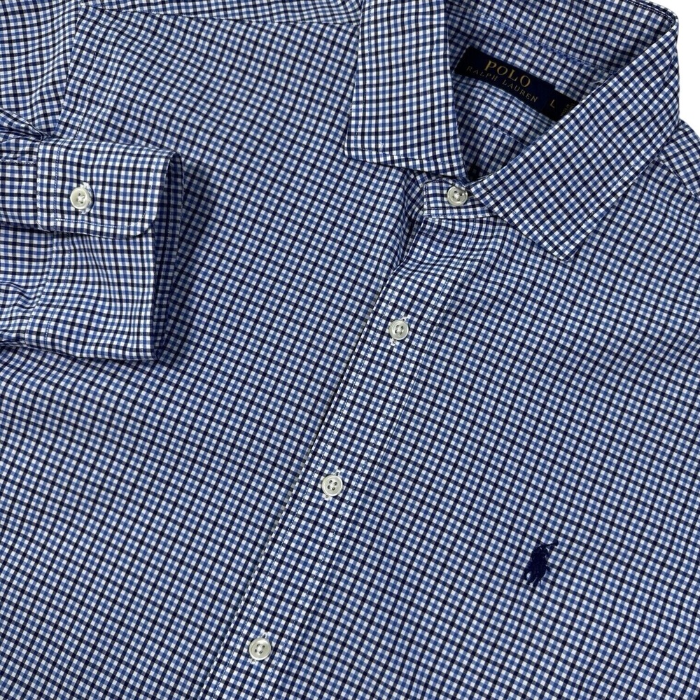 Polo Ralph Lauren Button Down Shirt Men's L Blue Windowpane Plaid Classic Preppy